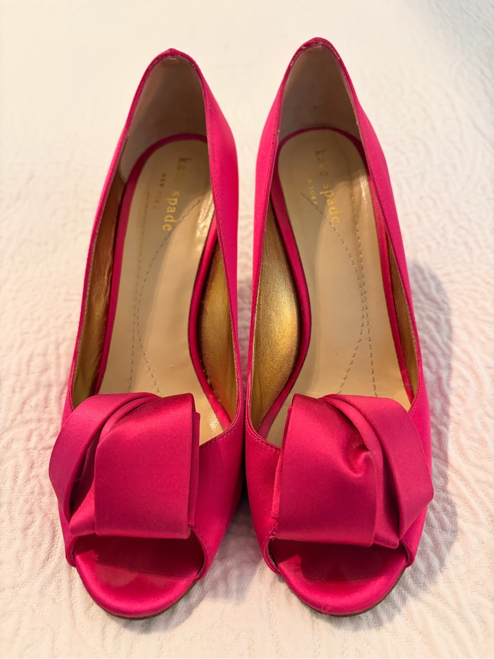 kate spade Hot Pink Satin Peep-Toe Heels with Knot Bow